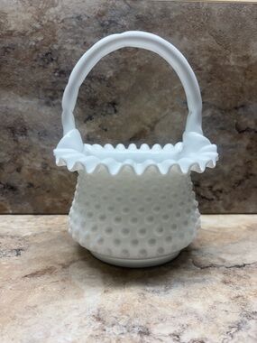 Fenton White Milk Glass Hobnail Basket With Ruffled Edge And Handle